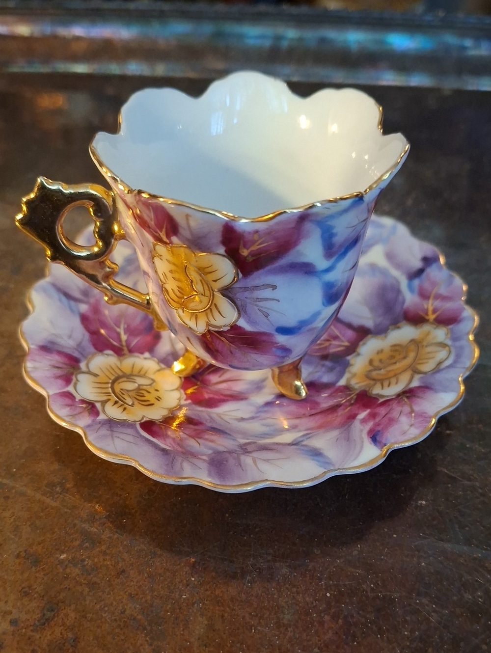 Shafford - Footed, Hand Painted Floral Cup / Saucer